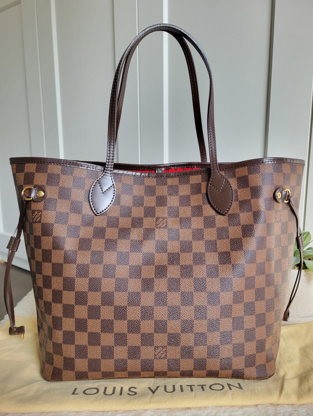 💕Louis Vuitton Tote Bag Neverfull MM Damier Ebene "Cherry RED Interior"